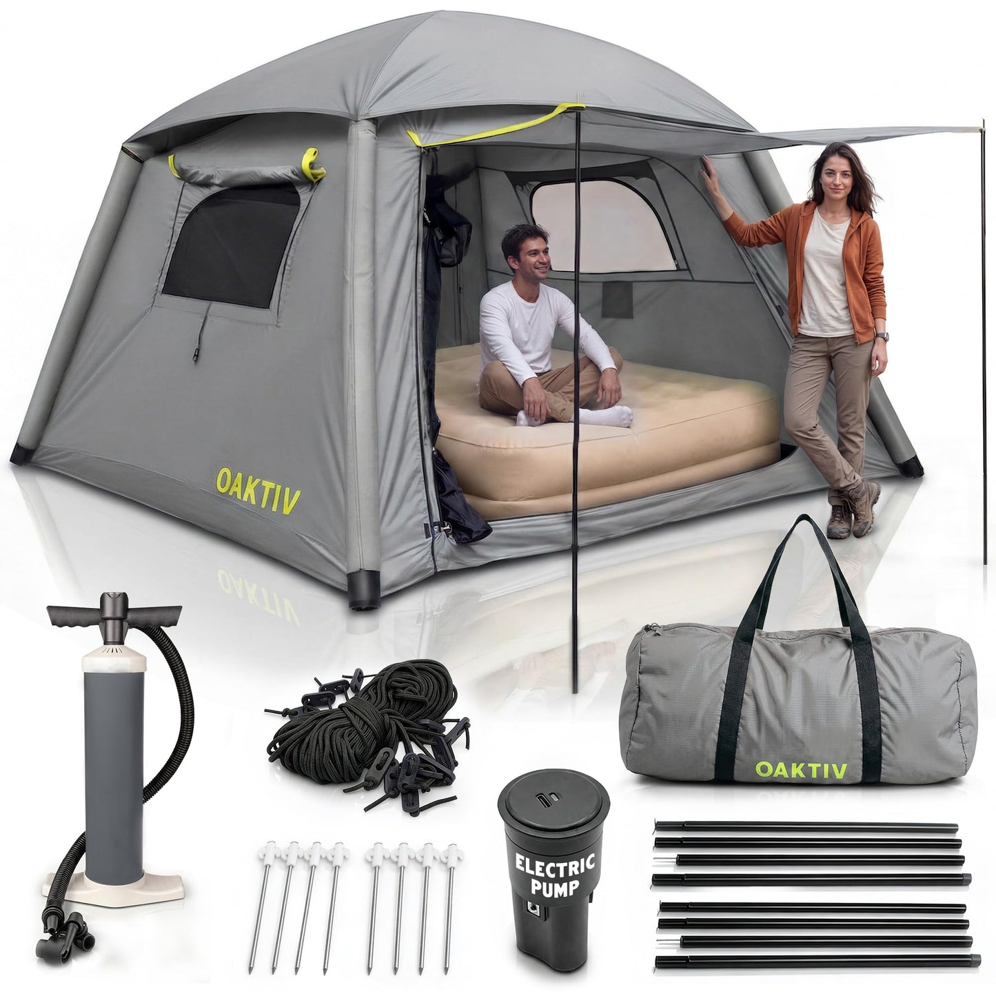 Oaktiv Inflatable Tents for Camping - CloudCamp Glamping Tent for 6 People Waterproof Oxford Fabric(210D), Quick Setup Air Tent with Manual & Battery Pump, UV Protection, 4-Season Inflatable Tent