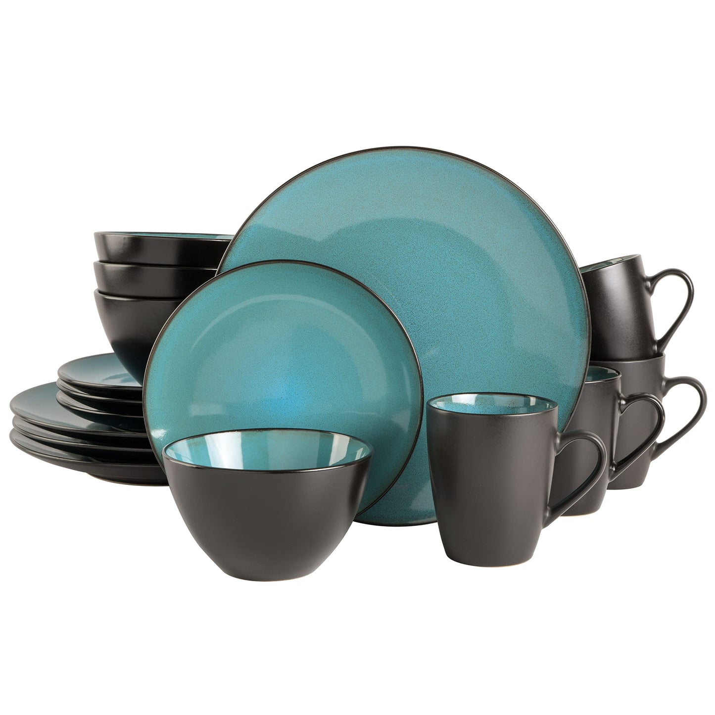 Gibson Elite Soho Lounge 16-Piece Round Reactive Glaze Stoneware Dinnerware Set, Service for 4 – Teal Plates and Bowls