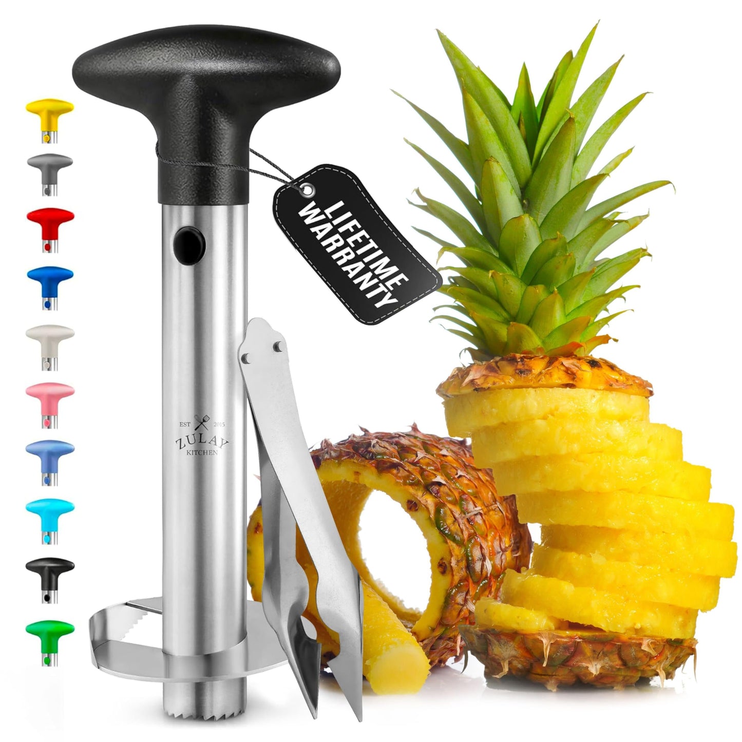 Zulay Kitchen Stainless Steel Pineapple Corer & Slicer – Heavy Duty Pineapple Cutter & Eye Removal Tool – Effortless Core Remover Tool with Sharp Reinforced Blade & Ergonomic Handle - Black