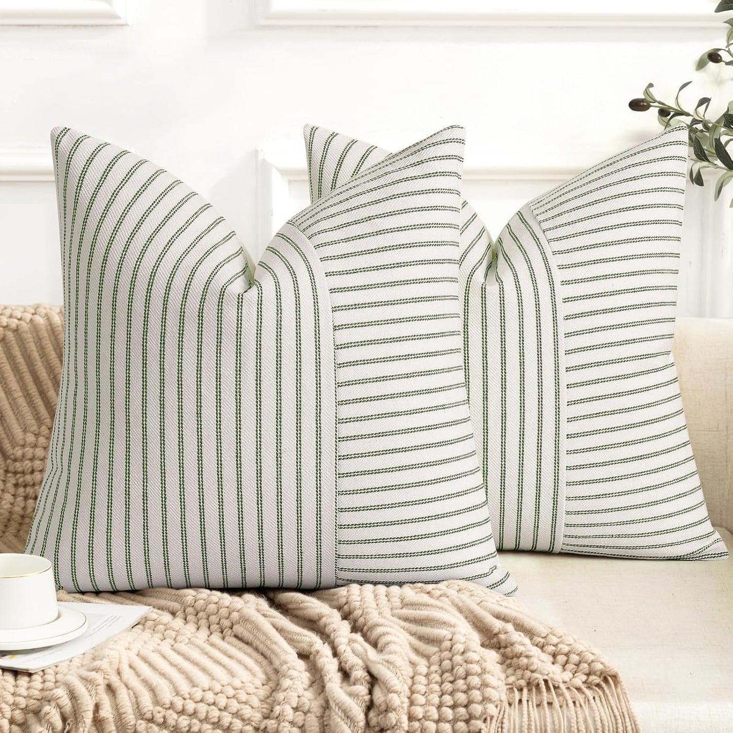 20x20, Set 2, YCOLL Farmhouse Pillow Covers Modern Accent Square Throw Pillow Covers of Olive Green and Beige Striped