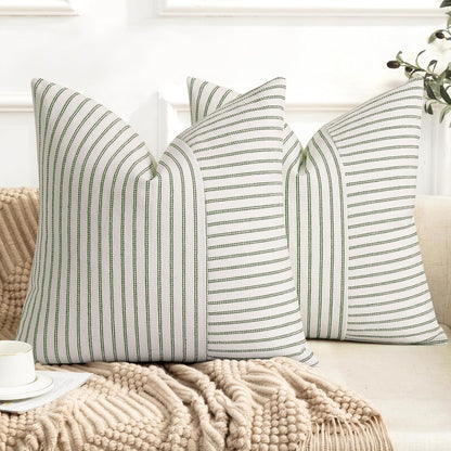 20x20, Set 2, YCOLL Farmhouse Pillow Covers Modern Accent Square Throw Pillow Covers of Olive Green and Beige Striped