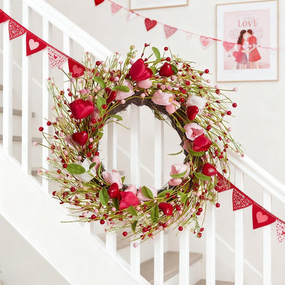 WDS WONDROUS 18.8 Inch Valentine's Day Wreath, Red Pink White Tulip Heart Wreath for Front Door Decor, Spring Wedding Anniversary Party Decoration