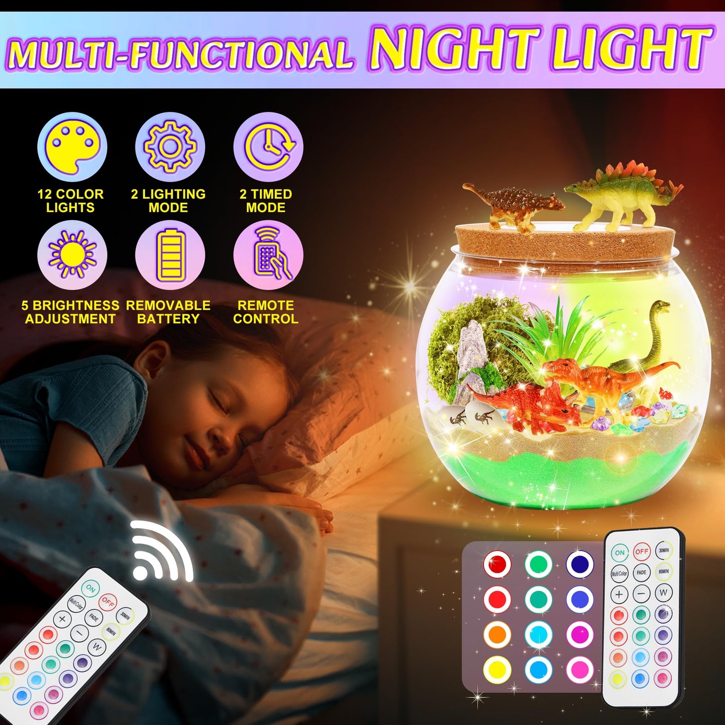 Hannstar Dinosaur Toys-Light Up Terrarium Kit for Kids, Night-Light DIY Dino Toys for Boys Ages 4 5 6 7 8-12, Birthday Easter Gifts for Boys, Arts and Crafts Kit for Kids