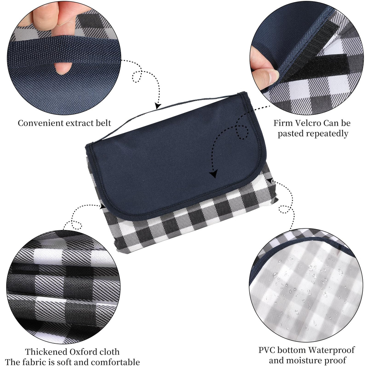 GUSUWU Picnic Blanket Waterproof Beach Rug 80''x80'' Picnic Mat Washable Lightweight with Handle Navy Blue Checkered for Hiking Travelling Outdoor Camping,Parks