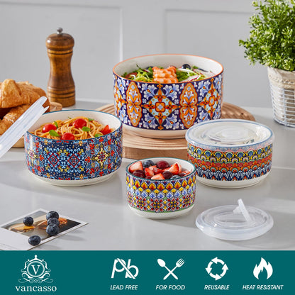 vancasso Serving Bowls with Lids Set of 4, Ceramic Nesting Mixing Bowls for Food Storage, Prep and Stackable, Dishwasher & Microwave Safe Gift Set, 60/36/20/10 OZ, Series SIMI