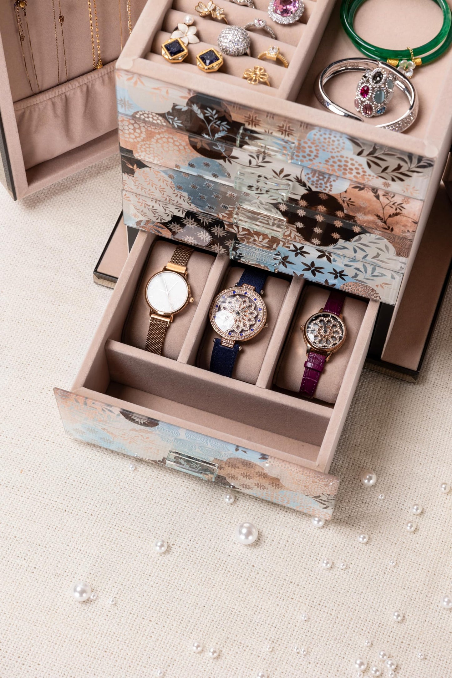 Homruilink High End Glass Jewelry Box, 5 Layer Jewelry Organizer for Women, Side Doors & Mirror, Velvet-Lined Storage for Rings & Necklaces, Ideal Gift (Geometric Floral)