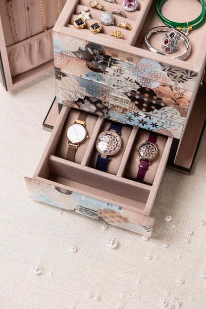 Homruilink High End Glass Jewelry Box, 5 Layer Jewelry Organizer for Women, Side Doors & Mirror, Velvet-Lined Storage for Rings & Necklaces, Ideal Gift (Geometric Floral)