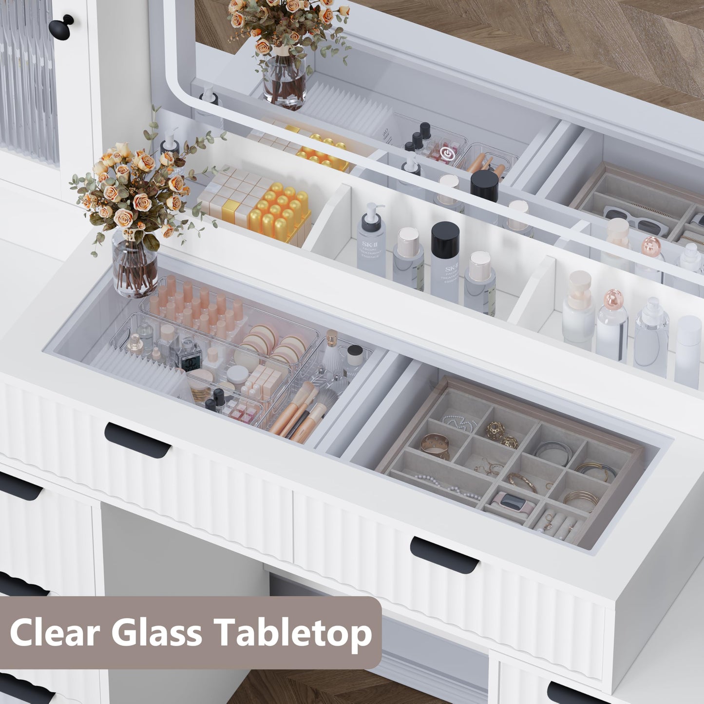Fluted Makeup Vanity Desk with Mirror and Lights, 55" Glass Top Vanity with 8 Drawers & 4 RGB Glass Cabinets, Adjustable Shelves & Power Outlet, Modern Dressing Table Set for Women Girls Bedroom