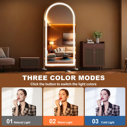 Hasipu 67" x 40" Arched LED Rolling Gym Mirror with Wheels, Dimmable Lighted Body Mirror with 3 Color Temperatures & Adjustable Brightness for Bedroom, Yoga Studio & Home Gym