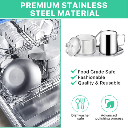 Worldity Stainless Steel Sugar and Creamer Set, Coffee Sets for Serving, Latte Milk Cup Cream Jug and Sugar Bowl with Lid Spoon Tray for Coffee Bar