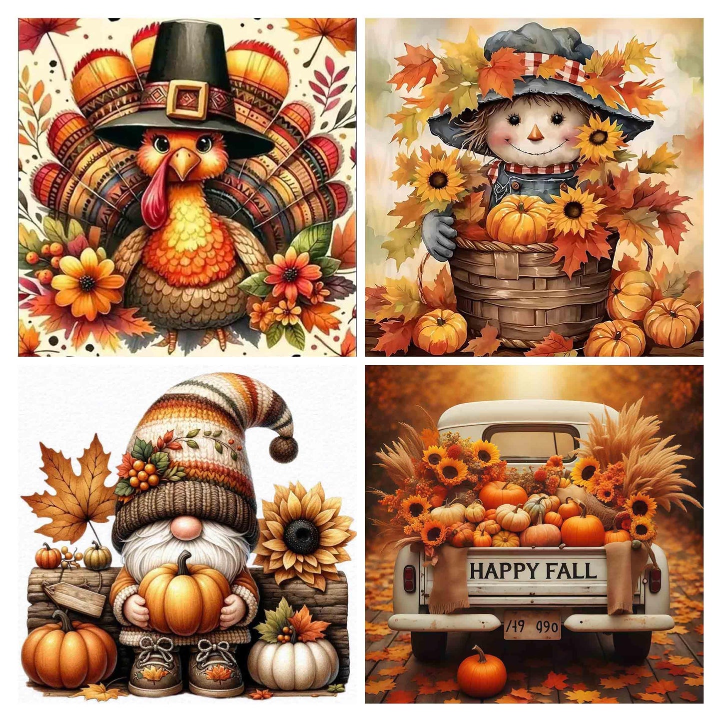 4 pack Thanksgiving Day Diamond Art Kits for Adults Beginners,Fall Turkey Pumpkin Diamond Painting Kits for Adults,5D Full Drill DIY Diamond Dot Gem Art Kit Wall Home Decor Arts Craft 12x12 inch