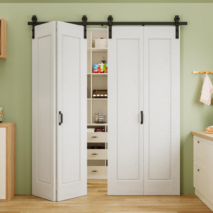 64" x 84" Pre-Assembled 1 Raised Panel Bifold Barn Door, Paintable White Primed Pre-Finished Bi Fold Barn Door and Hardware Kit Included, 72" Track Kit for 4 Closet Doors for Pantry Laundry Bathroom