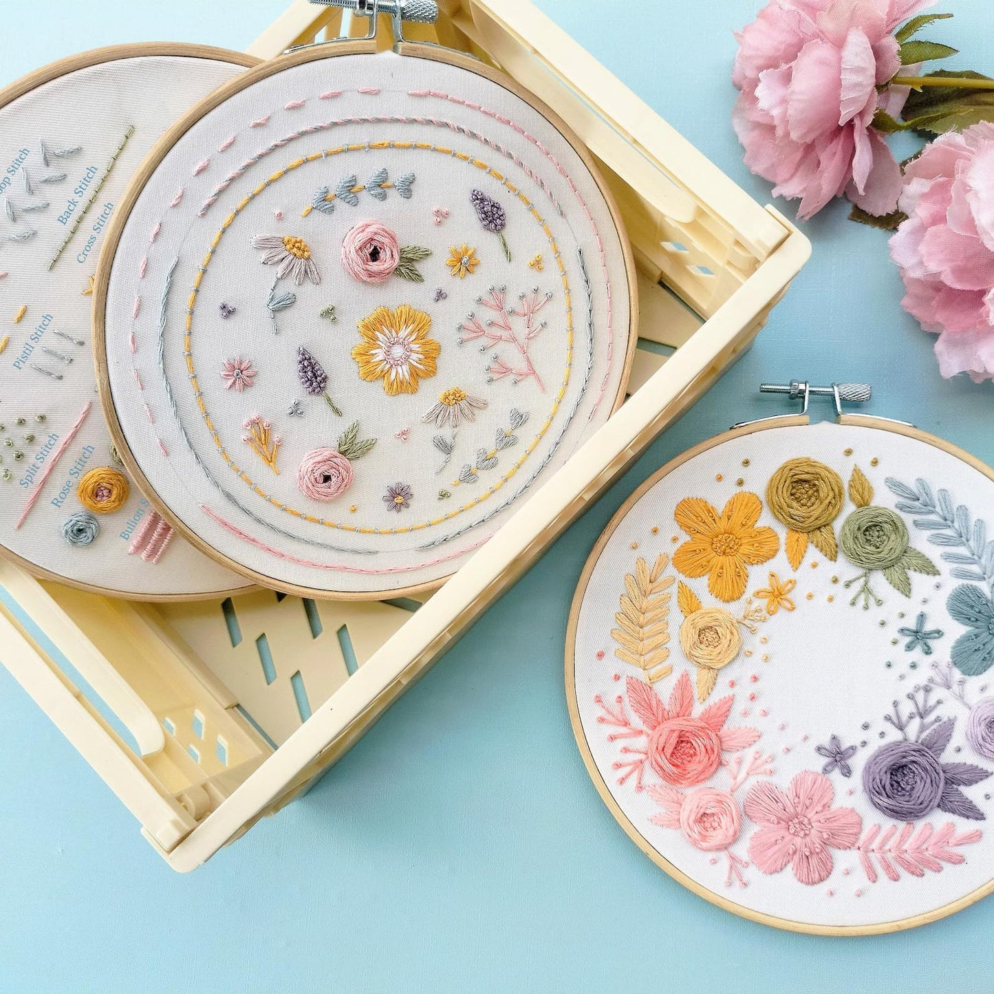 Embroidery Kit,3 Pack Embroidery Kit for Beginners With Step by Step Learn 22 Different Stitches from Instruction & Video,Stamped Embroidery Patterns,Hand Embroidery Kit for Adult, Stitches Kit