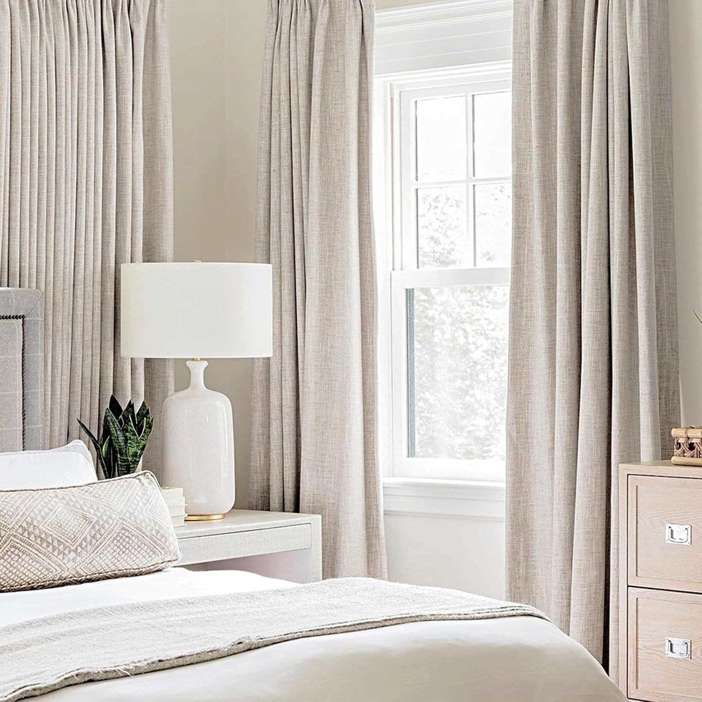 MIULEE 100% Blackout Linen Textured Curtains - Thermal Insulated Ivory Drapes | Luxury Room Darkening 52 x 72 Inch (2 Panels)