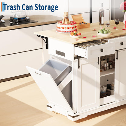 Large Rolling Kitchen Island with Power Outlet, Mobile Kitchen Cart on Wheels with Drop Leaf, 3 Drawers, Trash Can Storage, Spice Rack, Towel Holder, Kitchen Island Table for Dining Room, Home, White