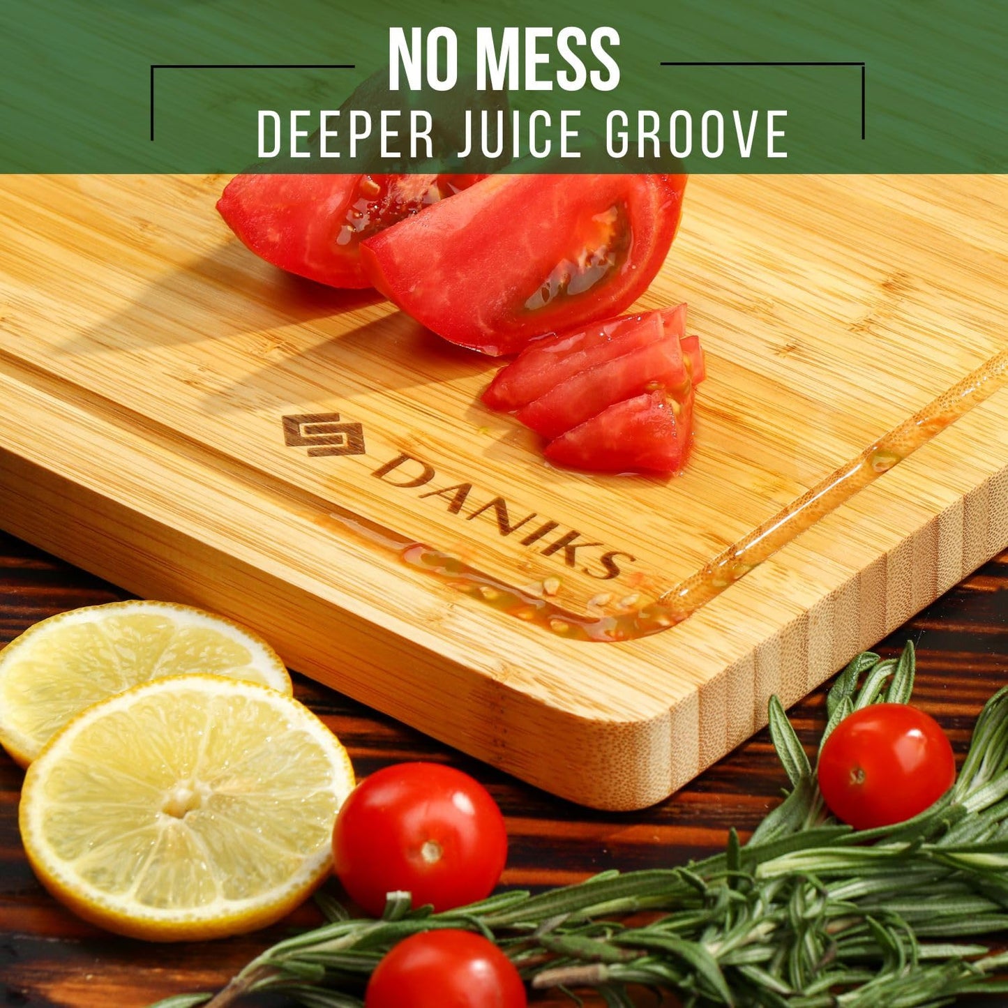 Daniks Bamboo Cutting Board Set of 2 with Juice Groove, XL 16x12 & L 13x9 in – Cutting Boards for Kitchen, Meal Prep, Serving & Charcuterie, Heavy‑Duty