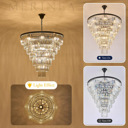 MERINEA Large Black Crystal Chandelier 36" Round Chandeliers for Staircase Modern 22 Lights 7-Tier Luxury K9 Crystal Ceiling Pendant Lighting Fixture for High Ceiling Living Room Foyer