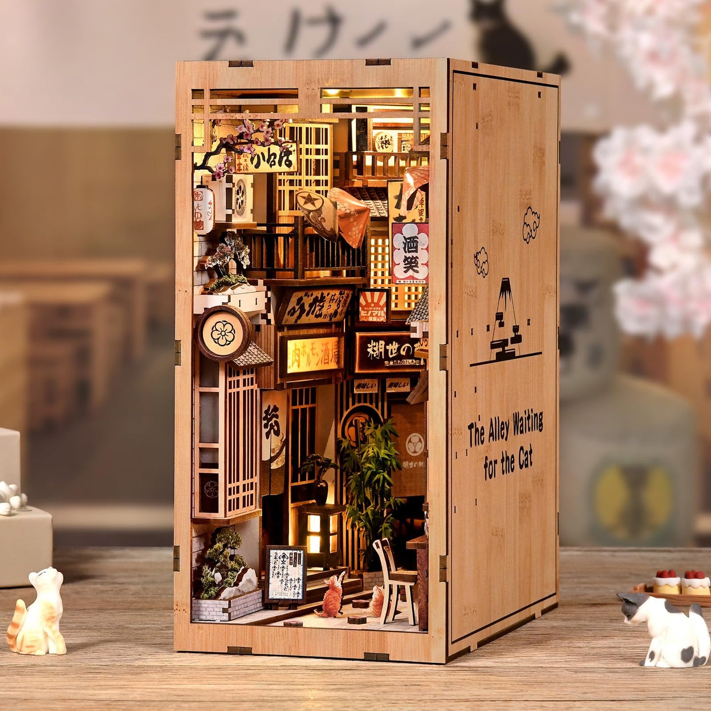Reenovan Book Nook Kit, DIY Miniature House Kit for Adults & Teens, Japanese Alley Scene Bookshelf Insert Decor with LED, 3D Wooden Puzzle Gift for Book Lovers (Cat Alley)
