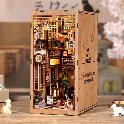 Reenovan Book Nook Kit, DIY Miniature House Kit for Adults & Teens, Japanese Alley Scene Bookshelf Insert Decor with LED, 3D Wooden Puzzle Gift for Book Lovers (Cat Alley)