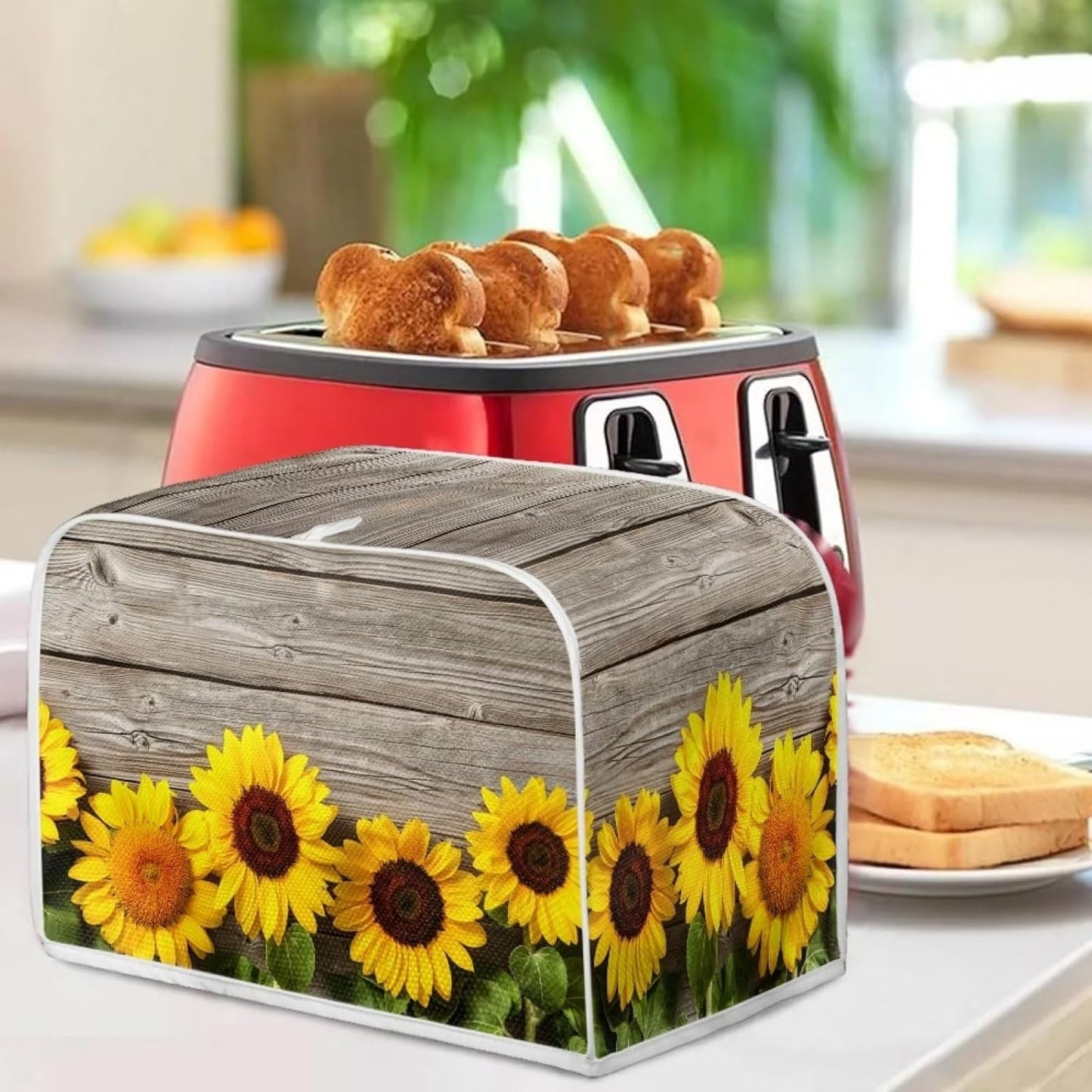 Sunflower Wooden Board Toaster Covers, Lightweight 4 Slice Stain Resistant Cover with Top Hook