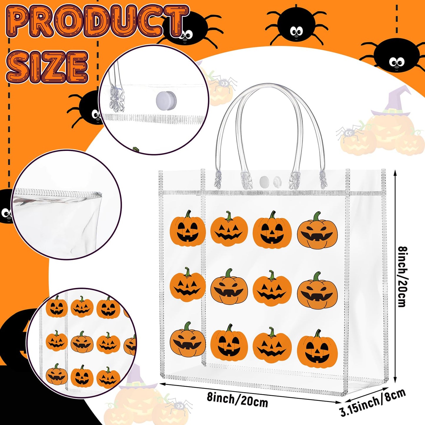 Kosiz 24 Pcs Halloween Clear Gift Bags Pumpkin Goodie Bag Halloween Party Favors PVC Treat Bags Bulk with Handle for Candy, Autumn Thanksgiving Party Supplies