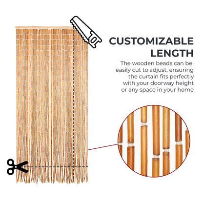 Natural Wooden Beaded Curtain with Solid Wood Beads, Hand-Painted Hanging Door Curtain, Natural Wood Doorway Beads, 36" x 79", 90 Strings, Handmade Wooden Room Divider for Doorways & Windows