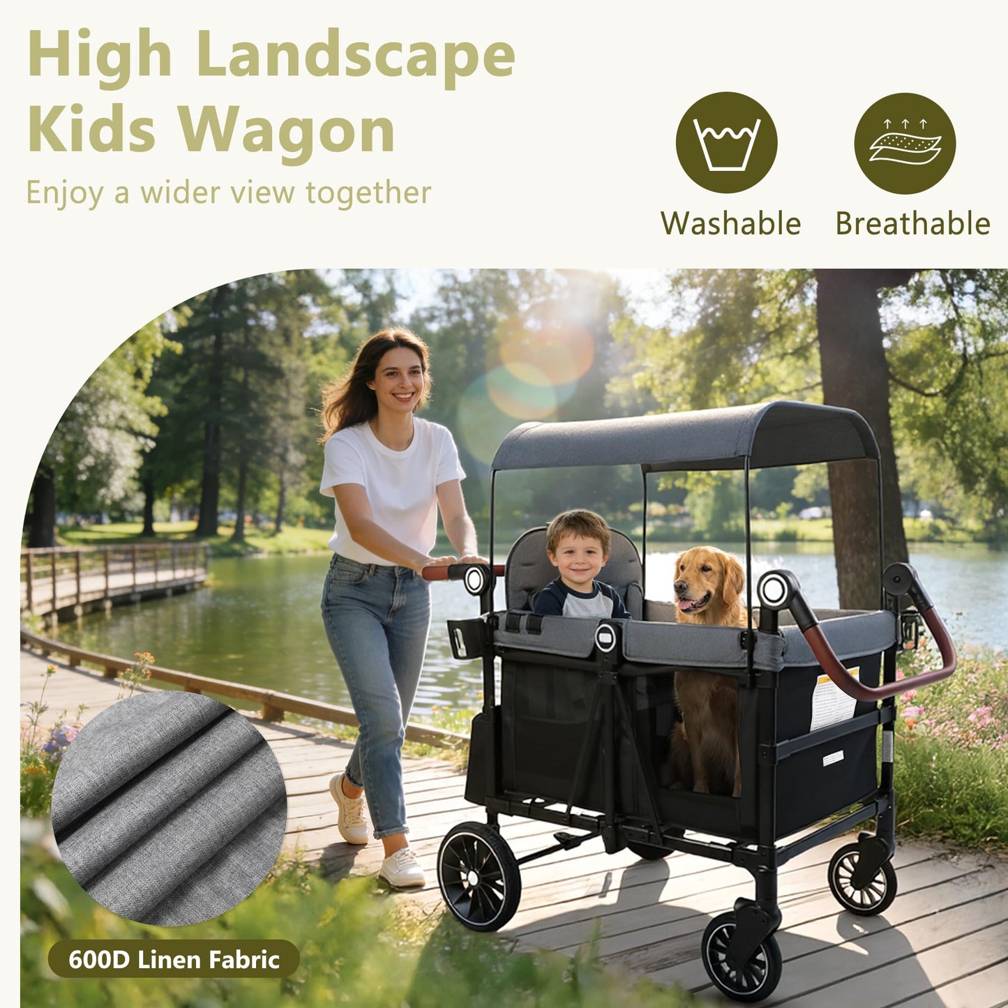 Kinder King Wagon Stroller for 4 Kids, All-Terrain Foldable Outdoor Stroller Wagon 4 Seater, Removable Canopy, Adjustable Handle, Detachable Tray, Black&Grey