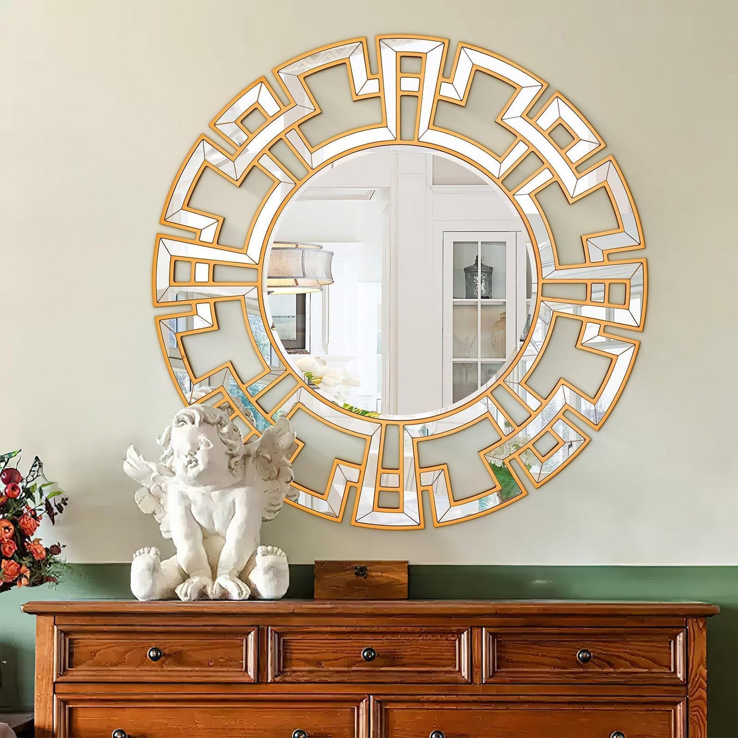 Chende Large Round Mirror, 40'' Modern Living Room Mirrorr with Beveled Glass Edge, Gold Decorative Wall Mirror with Wooden Frame for Dining Room, Entryway, Mantel, Bathroom