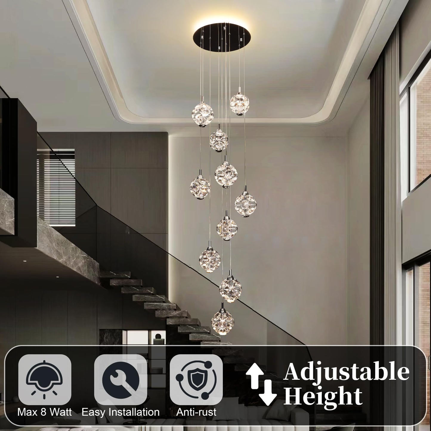KAUCQI 10-Light High Ceilings Long Chandeliers Modern Crystal Staircase Chandelier Hanging Flush Mount Lighting Fixtures for Spiral Staircase,Foyer,Entryway