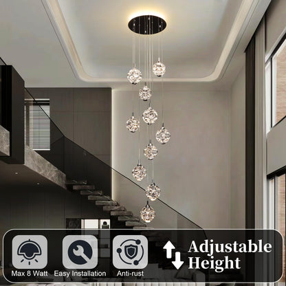 KAUCQI 10-Light High Ceilings Long Chandeliers Modern Crystal Staircase Chandelier Hanging Flush Mount Lighting Fixtures for Spiral Staircase,Foyer,Entryway