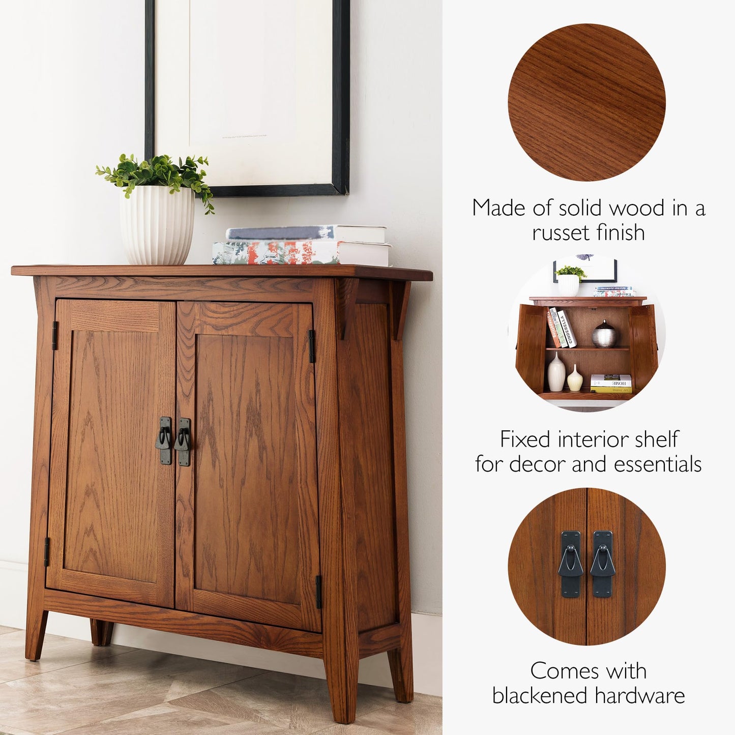 Leick Home Mission Hall Console Table, Solid Wood, 2-Door Storage with 1 Interior Shelf, Slim Profile, Easy Assembly, Russet Brown, 30 in L x 11 in D x 30 in H, Small Entryway Cabinet, 10001-RS