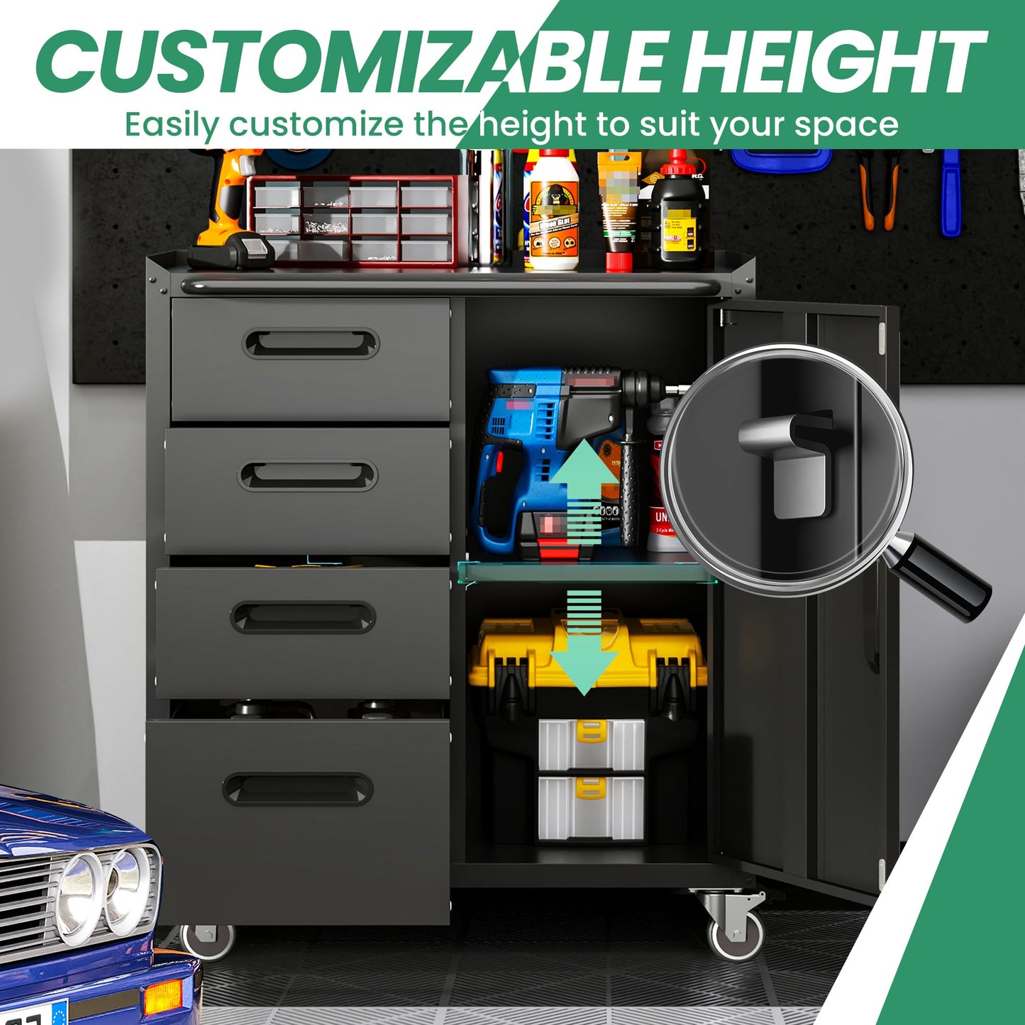 VIYET Metal Tool Cabinet,Garage Storage Cabinet System,Wall Cabinet & Locking Rolling Tool Cabinet with Doors and Adjustable Shelves,Steel Tool Cabinets for Home