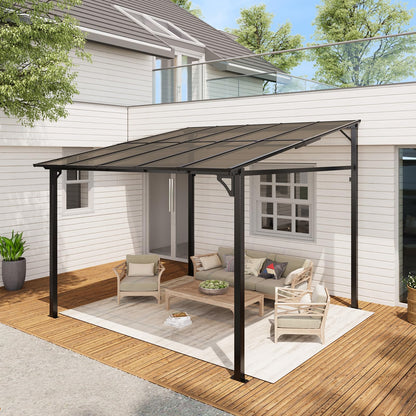 10 x 10 ft Sloped Patio Awning Gazebo, 4-Post Hardtop Pavilion with PC Polycarbonate Roof, Waterproof UV Resistant Outdoor Shade Shelter for Patio, Backyard, Garden and Lawn Activities