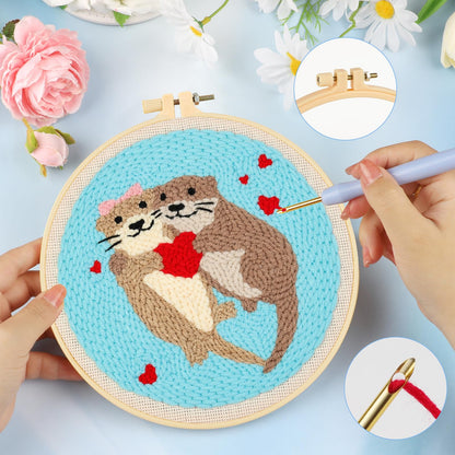JSRQT Punch Needle Embroidery Starter Kits with Hoops Instructions Beginner Rug Hooking Pinch Craft Handcraft Tools Yarn Cute Pattern for Adults DIY Cross Stitch