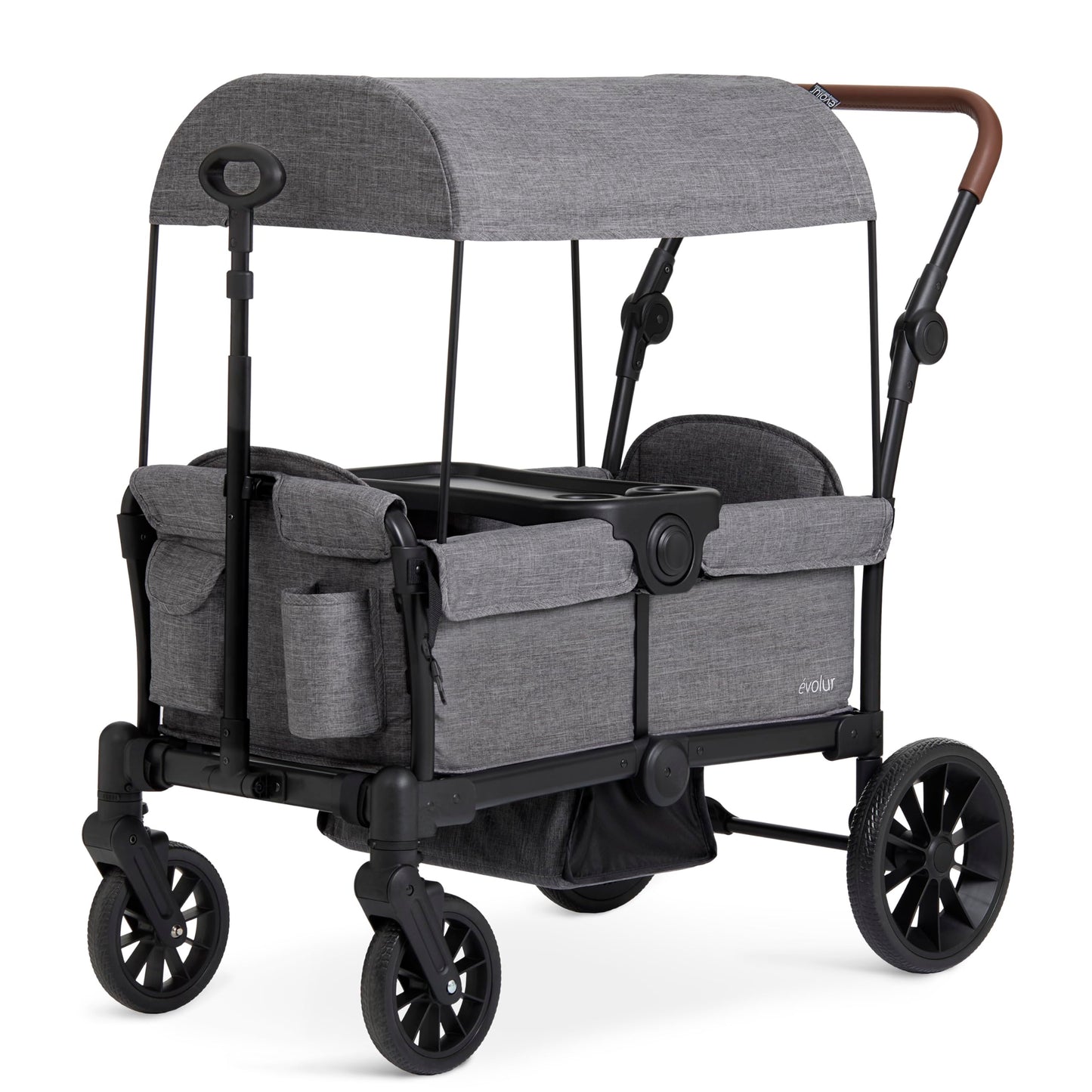 Evolur Trailblazer Wagon Double Stroller in Grey, Foldable Infant and Toddler Stroller Wagon, 5-Point Harness, Removable Canopy, All-Terrain Wheels, Spacious Storage for 2 Kids