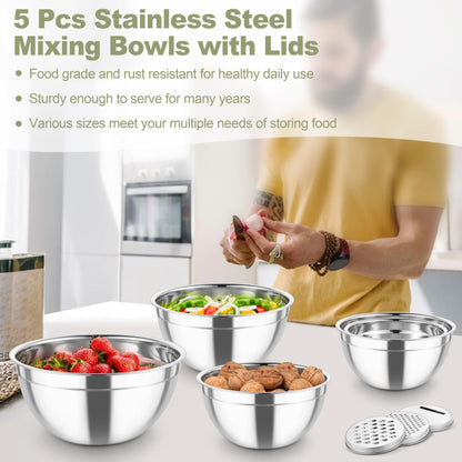 TeamFar Mixing Bowls, Stainless Steel Salad Serving Bowl with Clear Lids & 3 Graters, For Kitchen Cooking Prepping Storing, Size 4.6/2.6/1.5/1/0.7 QT, Nesting & Airtight, Set of 5 & Khaki