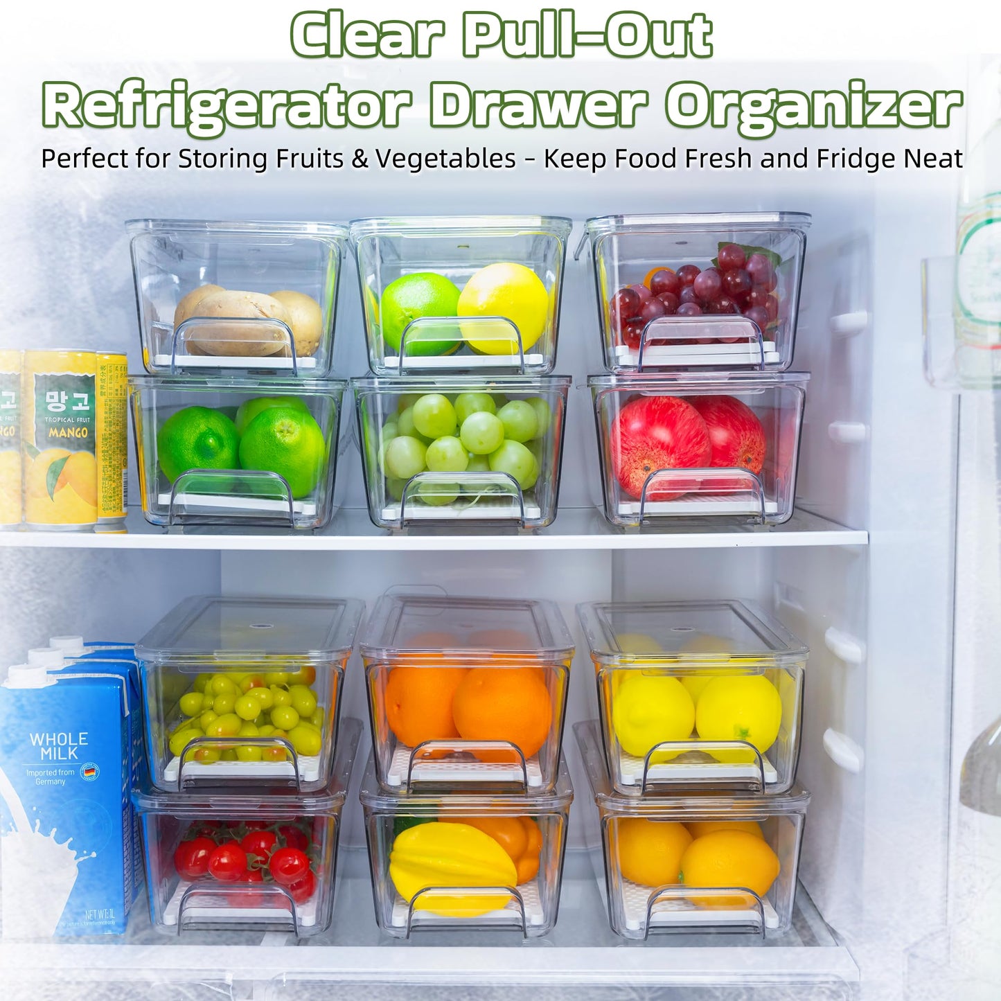 Large Fridge Organizer Drawers, 4 Pack Clear Pull-Out Refrigerator Organizer Bins, Stackable Fruit and Vegetable Storage Containers for Kitchen, Refrigerator, Pantry