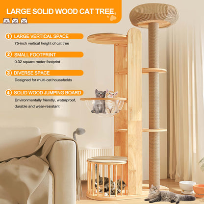 75 inch Cat Tree Tower for Indoor Cats Large Adult, Modern Big Cat Climbing Tower, Tall Cats Post, Corner Wood Cute Cat Condo with Sisal Scratching Posts