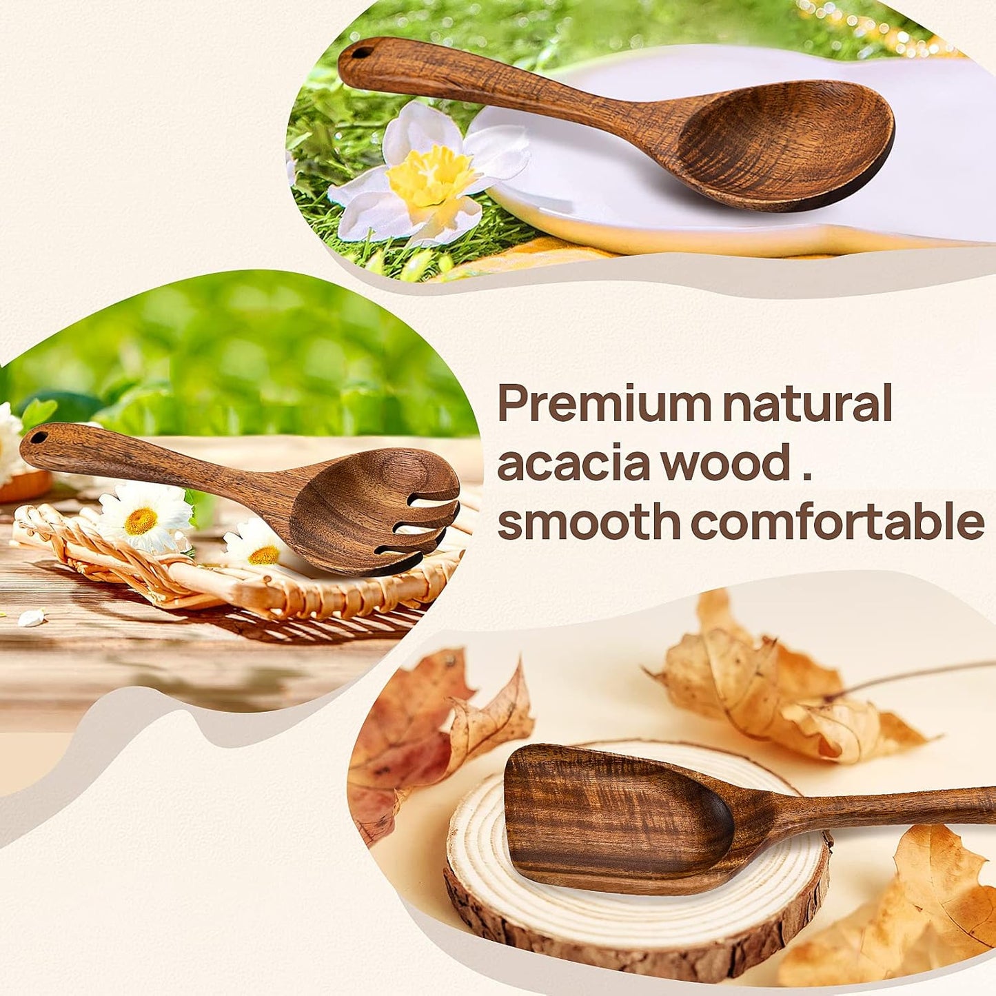 Kitchen Wooden Spoons Utensils Set, 5 Piece Acacia Wood Cooking Utensils for Nonstick Cookware Essentials