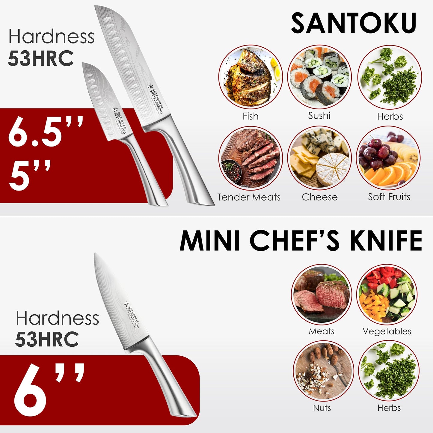 Cuisine::pro Damashiro 8-Piece Satori Knife Block - Japanese Steel Knife Set with Acacia Wood Knife Block -Damascus-Inspired Blade