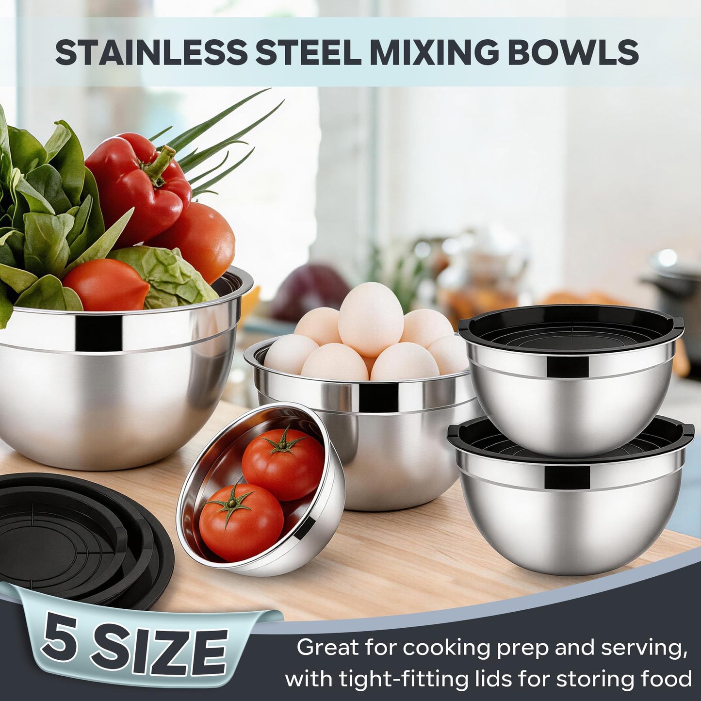 E-far Mixing Bowls With Lids Sets of 5, 10-Piece Stainless Steel Salad Metal Nesting Bowl for Baking Cooking and Prepping, Airtight Lid & Stackable Design, Size 4.6, 3, 2.1, 1.5, 0.7 QT, Black