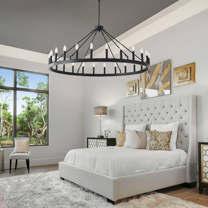 JTYP 53 Inch Large Black Farmhouse Wagon Wheel Chandelier,24-Light Round Industrial Pendant Light fixtures for Outdoor Porch high Ceilings Living Dining Room Foyer Entryway