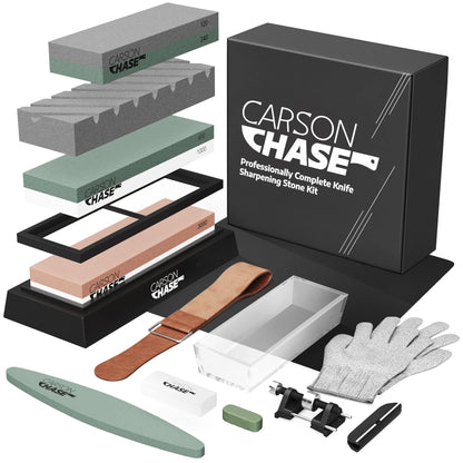 Professionally Complete Knife Sharpening Stone 15 Piece with Whetstone Bowl, Sharpener Kit for Knives, Premium 4 Side Grit Stones 400/1000 3000/8000, Honing Guide, Flattening Set, Holder, Gloves, Mat