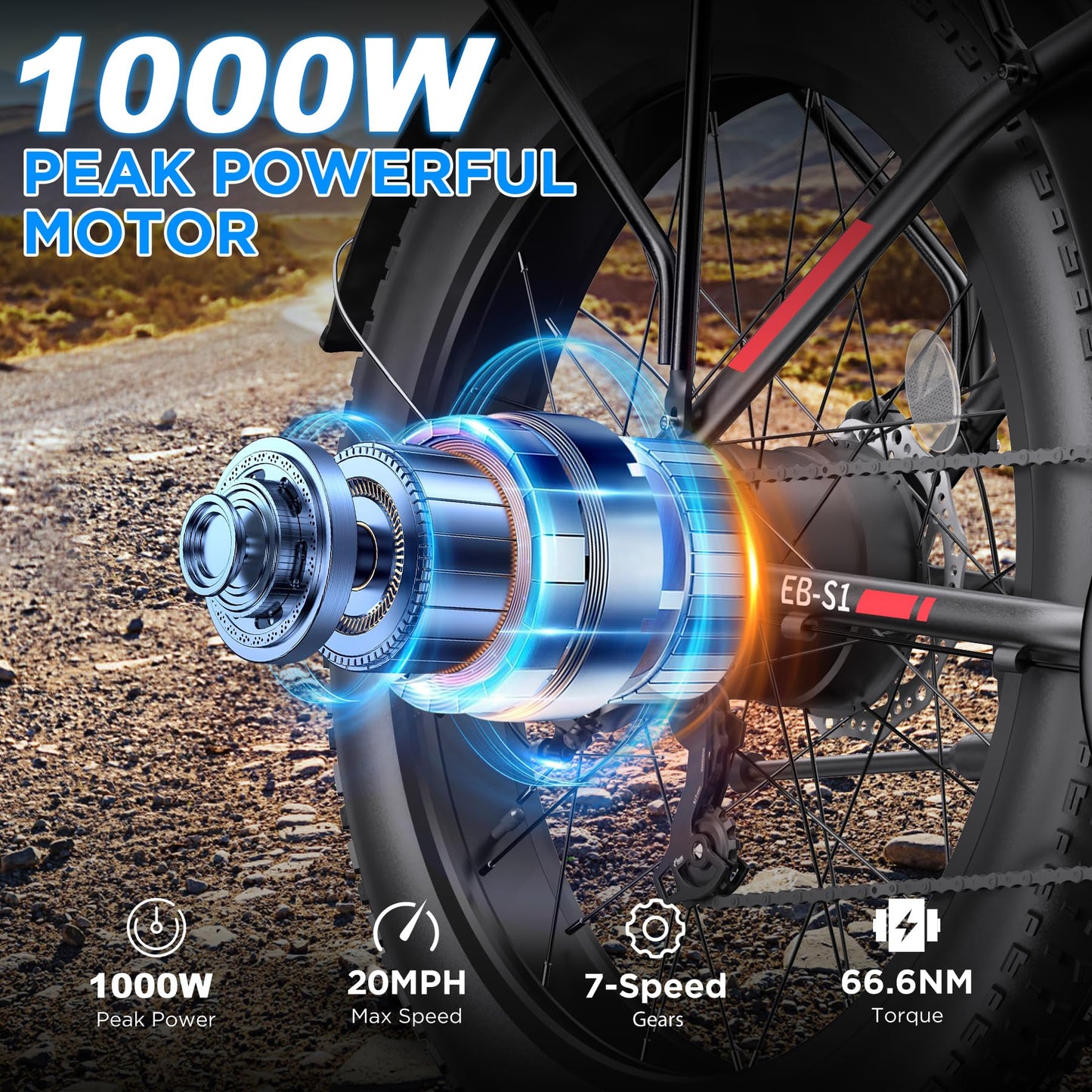Funhang Electric Bike for Adults, 1000W Peak Ebike, 20MPH 60Miles Electric Mountain Bike, 26" Fat Tire Electric Bicycle with 48V 13AH Battery, Front Suspension,7 Speed, Rear Rack, UL 2849 Certified