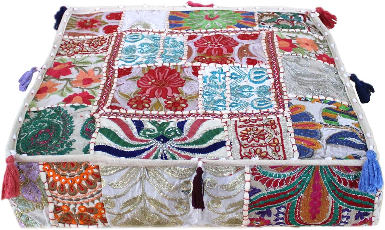18x18x5 inches CRAFT KALA Indian Square Patchwork Traditional Pouf Cover Indian Living Room Poufs Decorative