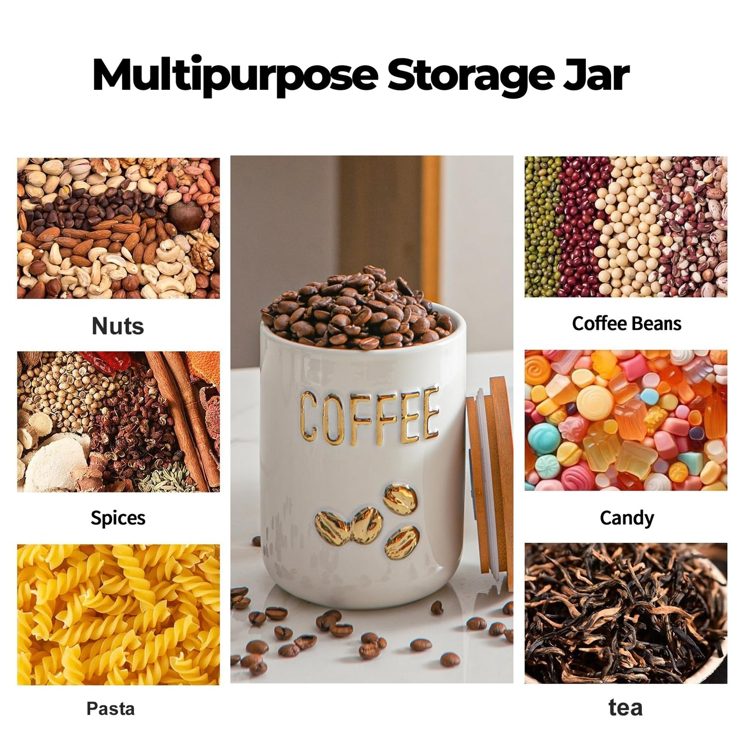 Sowlvenco White Ceramic Canister Set for Coffee Tea Sugar, 3-Piece Food Storage Jars with Wood Airtight Lids, Decorative Small Container for Kitchen Pantry Counter - 25oz