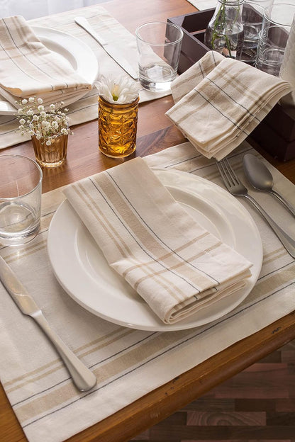DII French Stripe Tabletop Collection Dining Table Linen Napkin Set, 20x20, White Chambray, 6 Piece