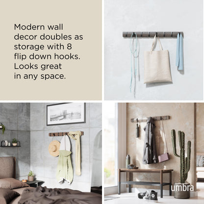 Umbra Flip Wall-Mounted Coat Rack with 8 Hooks – Modern, Space-Saving Storage for Hats, Jackets, Bags, Entryway, Mudroom, Closet, Bathroom, Bedroom – White/Nickel