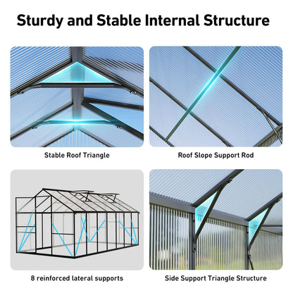 8x10FT Greenhouse Kits with Hygrometer, Polycarbonate Green Houses for Outside Heavy Duty with Aluminum Frame, Walk in Greenhouses with Drainage Channel Roof Vent for Backyard or Garden Use