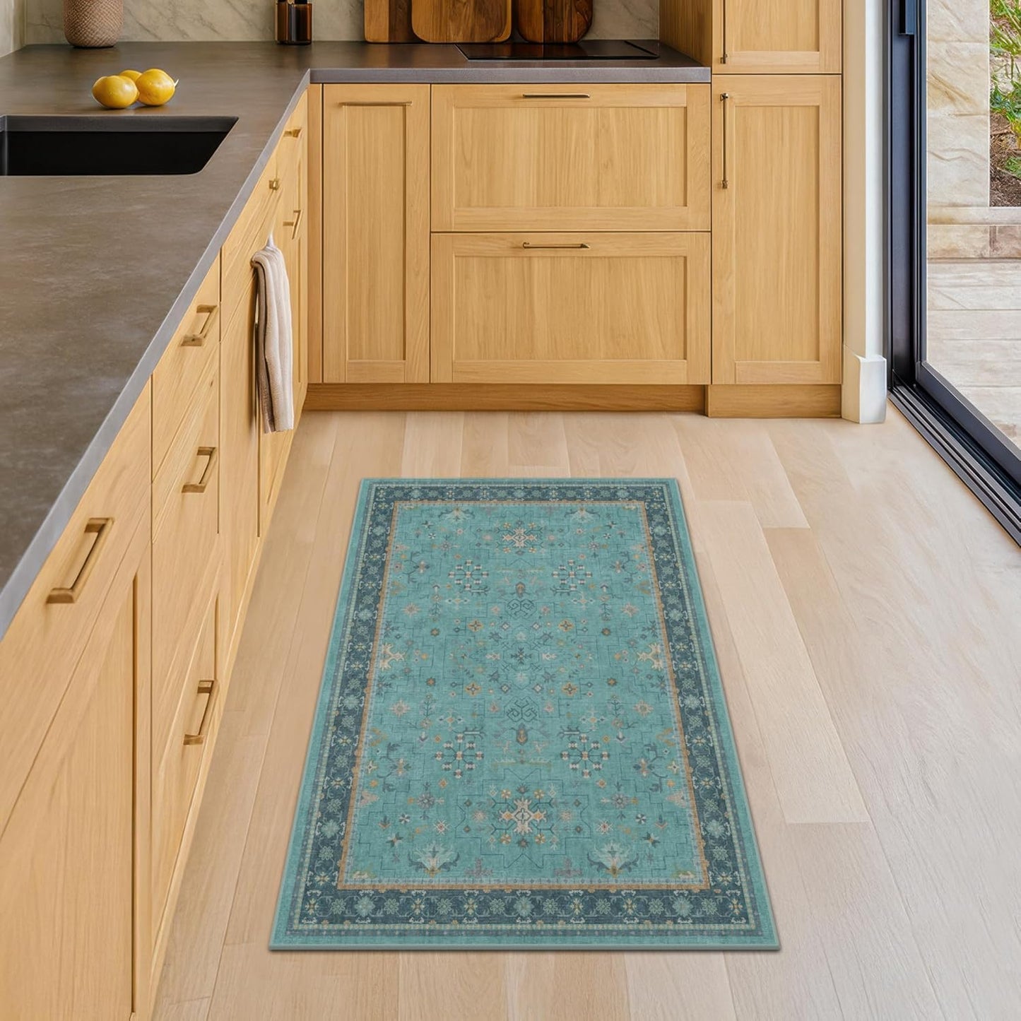 Skiennix Washable Teal Throw Rugs - Non-Slip Boho Floral Indoor Carpet for Entryway & Bathroom | Small Size, Stain & Fade Resistant